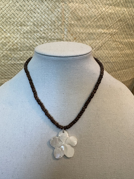 Brown Shell Necklace with White Mother of Pearl Plumeria Pendant