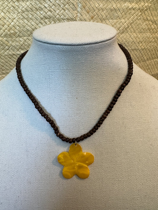 Brown Shell Necklace with Yellow Mother of Pearl, Plumeria shaped Pendant