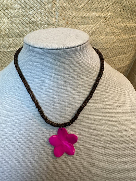 Brown Shell Necklace with Pink Mother of Pearl, Plumeria shaped Pendant.