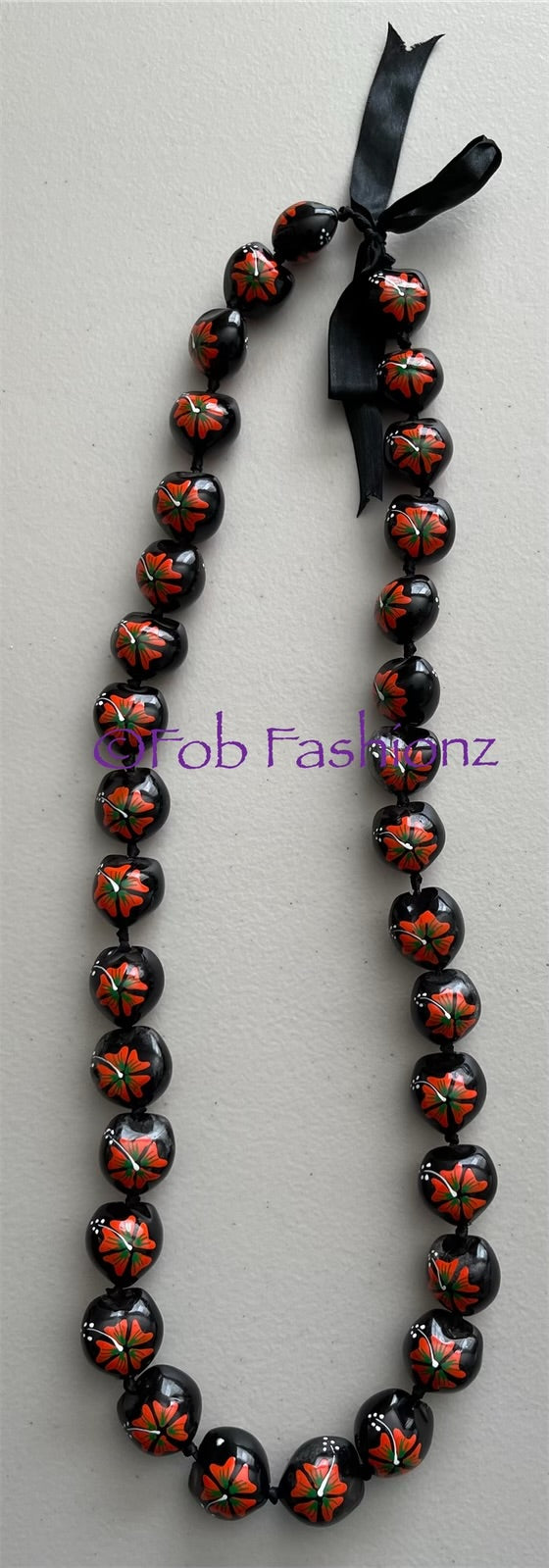 Orange Hibiscus Kukui Nut Necklace