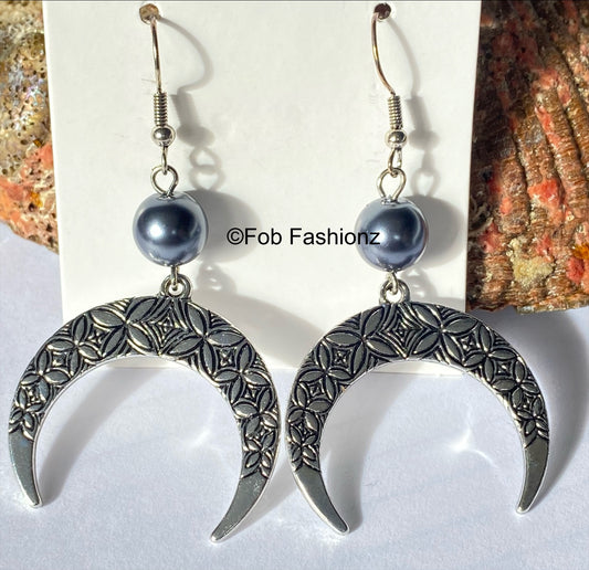 Silver Tone Kupesi Tribal Moon Earrings