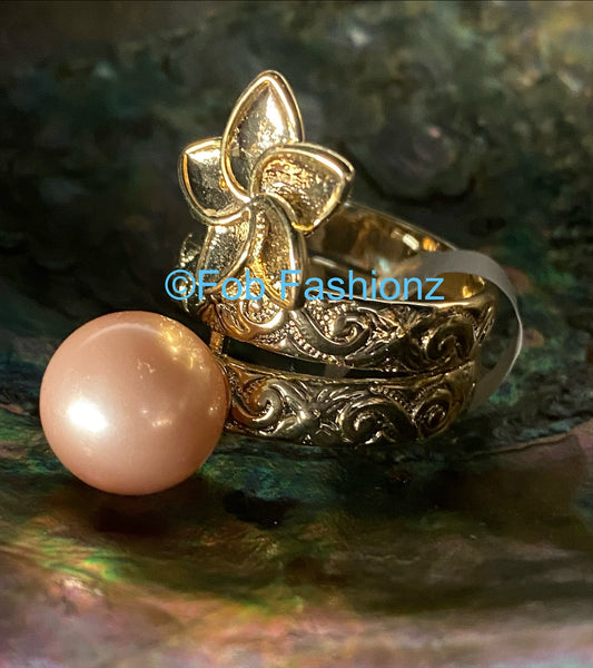 Plumeria Peach Pearl Ring