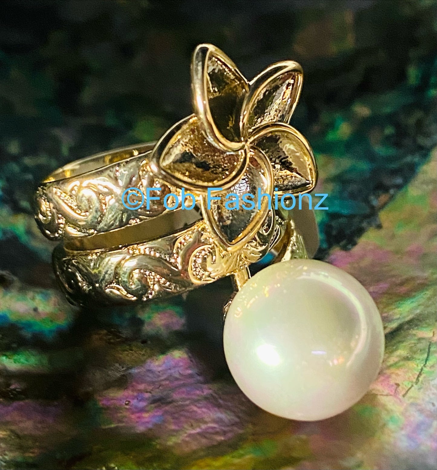 Plumeria White Pearl Ring